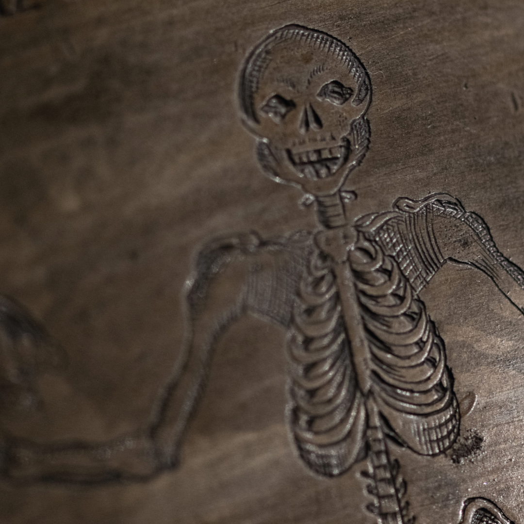 Titelbild zur Abendführung 'Pocken, Schwindsucht, Kindbettfieber'. Piktogramm eines Skeletts.