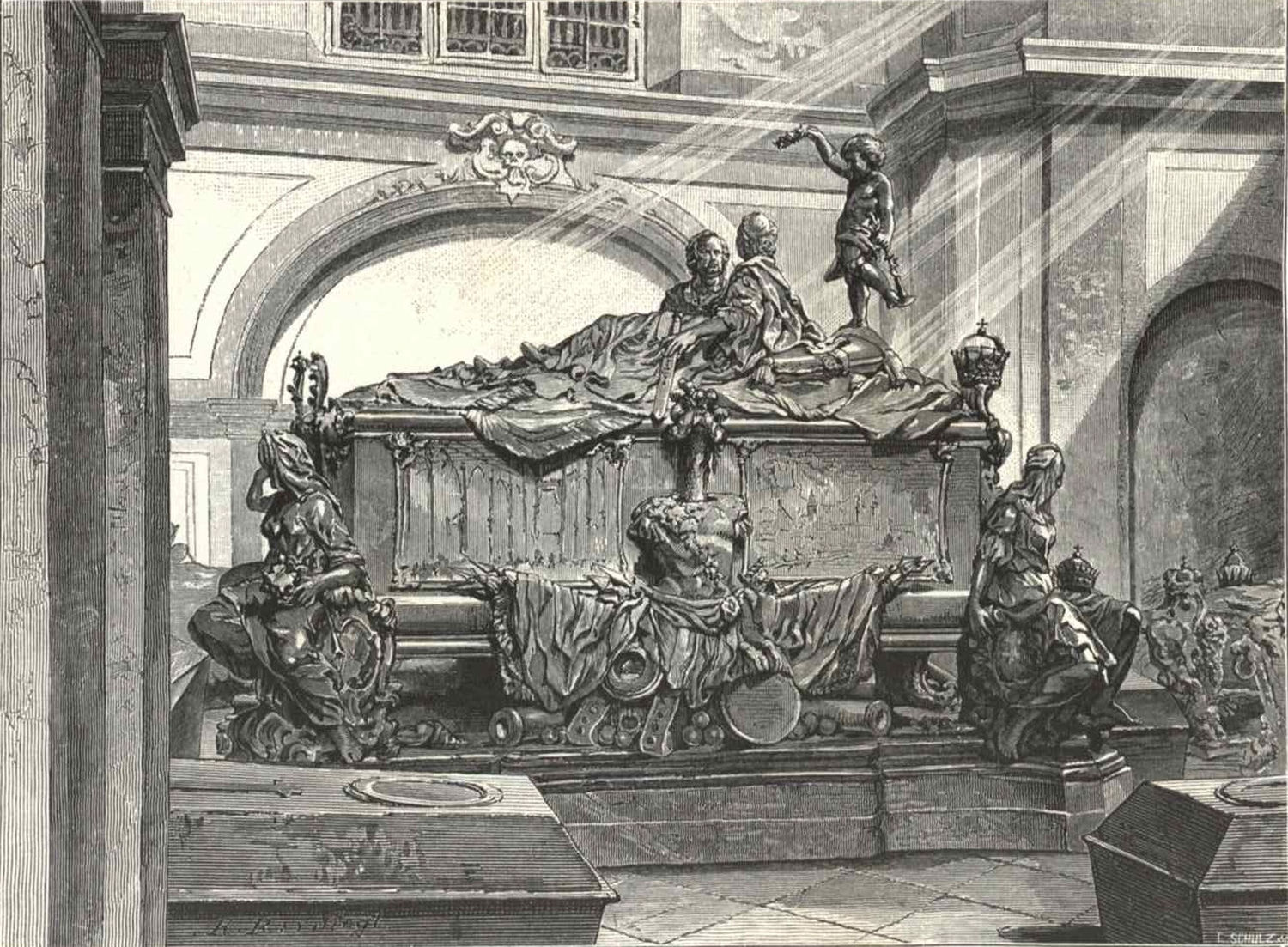 Illustration of the double sarcophagus by Karl von Siegl from Kronprinzenwerk 1883, Volume 1 (German), page 223.